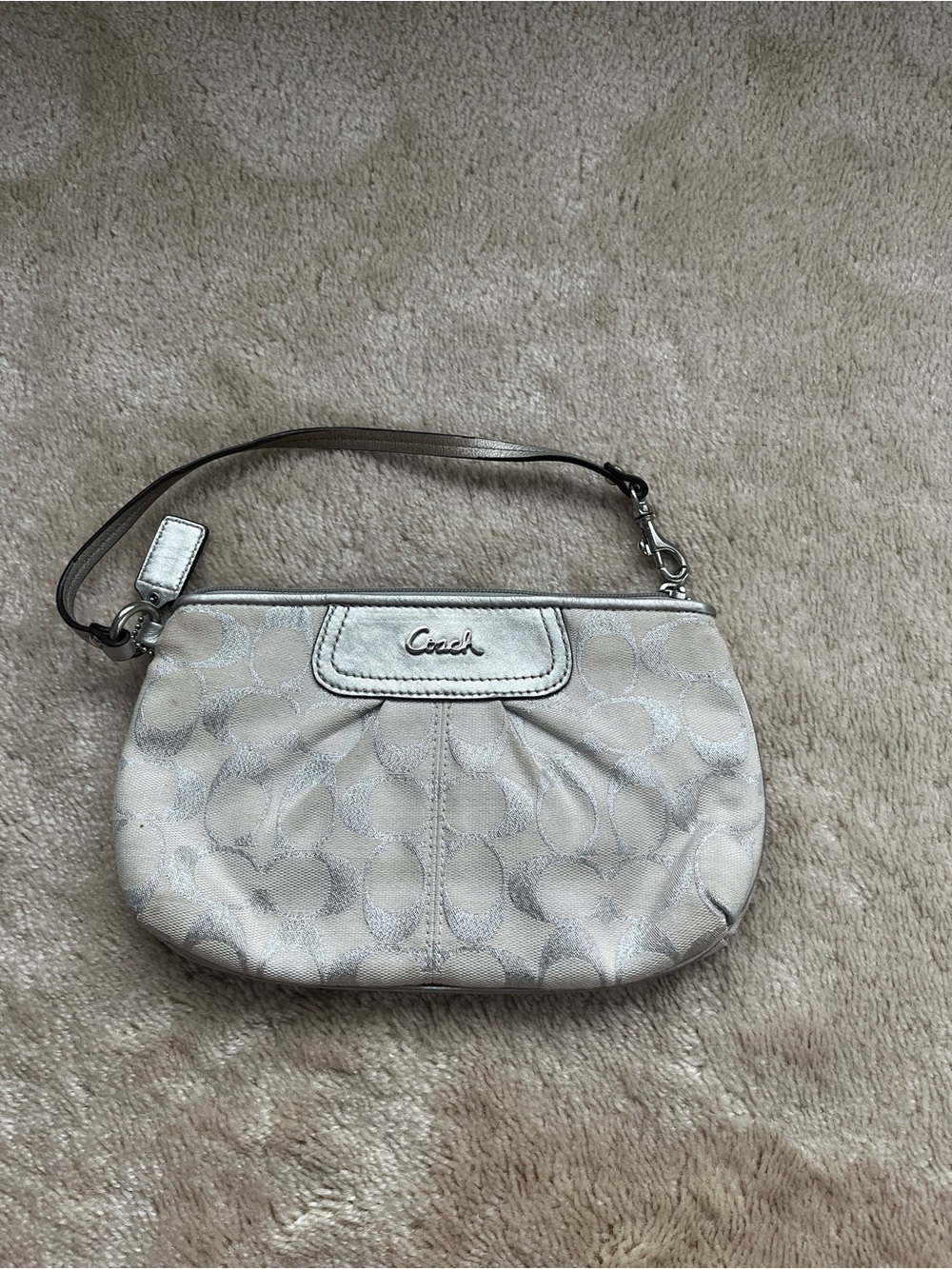 Coach Silver Signature Wristlet with Metallic Logo
